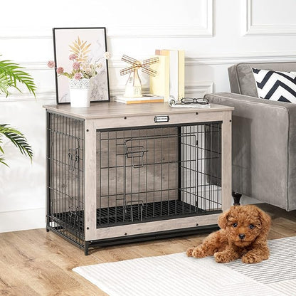HOOBRO Dog Crate Furniture, 32.5" Medium Dog Kennel Indoor, Wooden Cage with Pull-Out Tray, Double Doors Pet House Side End Table for Medium/Small Dogs, Greige BG802GW03