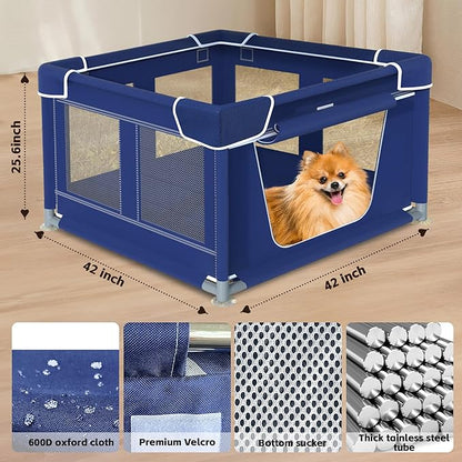 Dog Playpen, 42_42 Inch. Puppy PlayPen with Gate for Puppies,Oxford Cloth Tear Resistant Fabric. Pet PlayPen with Roof for Outdoors & Indoors. Anti-Tipping. Zipper Door. Ideal for Dogs and Cats