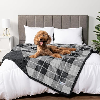 PetAmi WATERPROOF Dog Blanket for Bed, XL Dog Pet Blanket Couch Cover Protection, Sherpa Fleece Leakproof Bed Blanket for Crate Kennel Sofa Furniture Protector, Reversible Soft 80x60 Plaid Charcoal