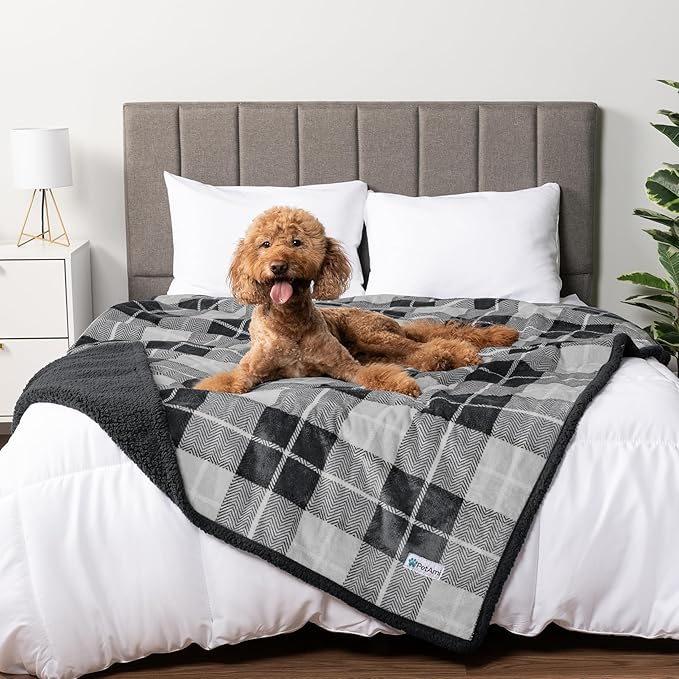 PetAmi WATERPROOF Dog Blanket For Medium Large Dog, Pet Puppy Blanket Couch Cover Protection, Sherpa Fleece Cat Blanket Sofa Bed Furniture Protector Reversible Soft Plush Washable 60x40 Plaid Charcoal