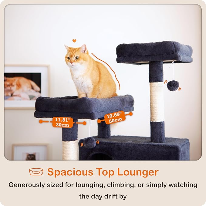 Ouritsu Cat Tree, 73.6 inch Tall Cat Climbing Tower for Large Cat Indoor with 2 Large Condos, 2 Widened Perches, Sisal Covered Scratching Posts, 2 Hammocks, Dark Gray, XLF001DG