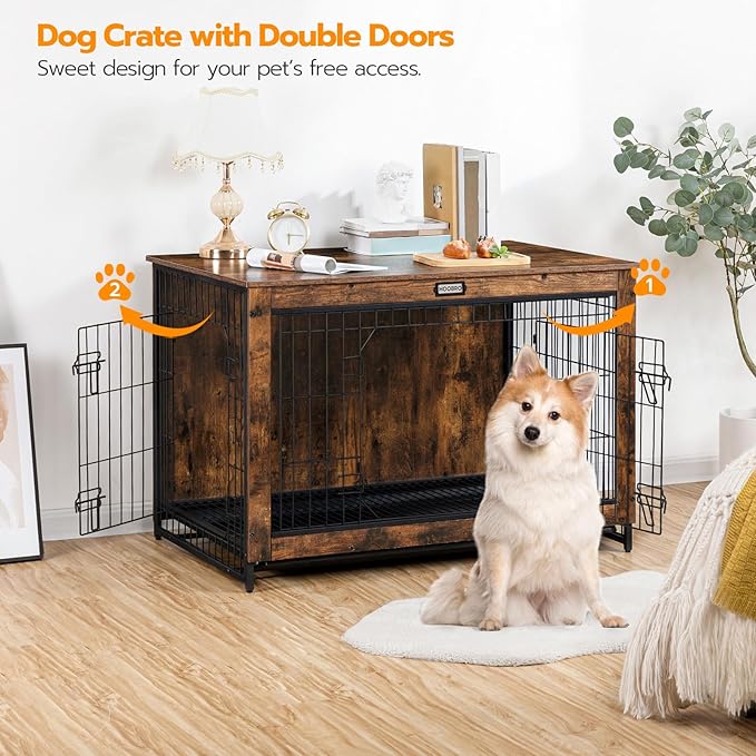 HOOBRO Dog Crate Furniture, 38.6" Large Dog Kennel Indoor, Wooden Cage with Pull-Out Tray, Double Doors Pet House Side End Table for Large/Medium/Small Dogs, Rustic Brown BF982GW03G1