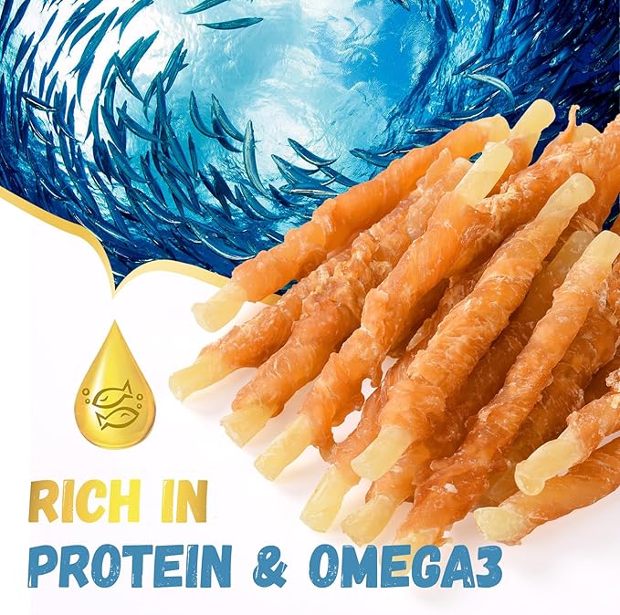 Chicken Wrapped Cod Sticks Dog Treats, Rawhide Free Dog Chewy Natural Training Rewards Snacks Dog Treats for Small Medium Large Dogs 15-17 Counts