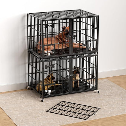 aboxoo 48 inch Stackable Heavy Duty Metal Dog Crate for 4 Dogs/Large Dog,All Metal Open Top Access,Escape Proof Cage,Dog Kennel Indoor with Wheels,Floor Grid, Tray, Divider and Feeding Bowl