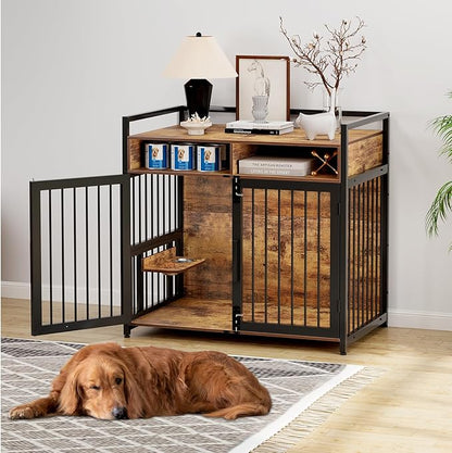 Dog Crate Furniture, 48 Inch Wooden Dog Cage with 2 Drawers, 360° & Adjustable Raised Feeder, Furniture Dog Crate for Medium-Large Dog Indoor