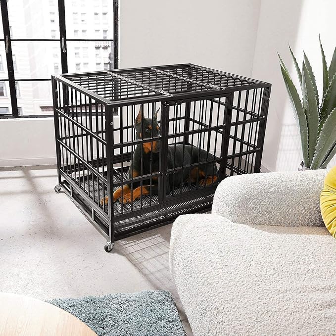48/38 Inch Heavy Duty Dog Crate Cage Kennel with Wheels, High Anxiety Indestructible, Sturdy Locks Design, Double Door and Removable Tray, Extra Large XL XXL