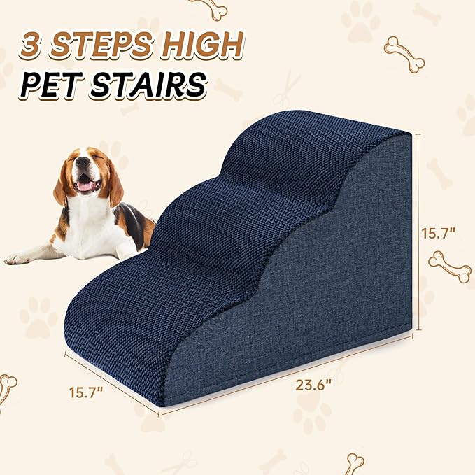 Romrol Dog Stairs Ramp for Beds Couches, Extra Wide Pet Steps with Durable Non-Slip Waterproof Fabric Cover, Pets Slope Stairs, 3-Tiers,Navy