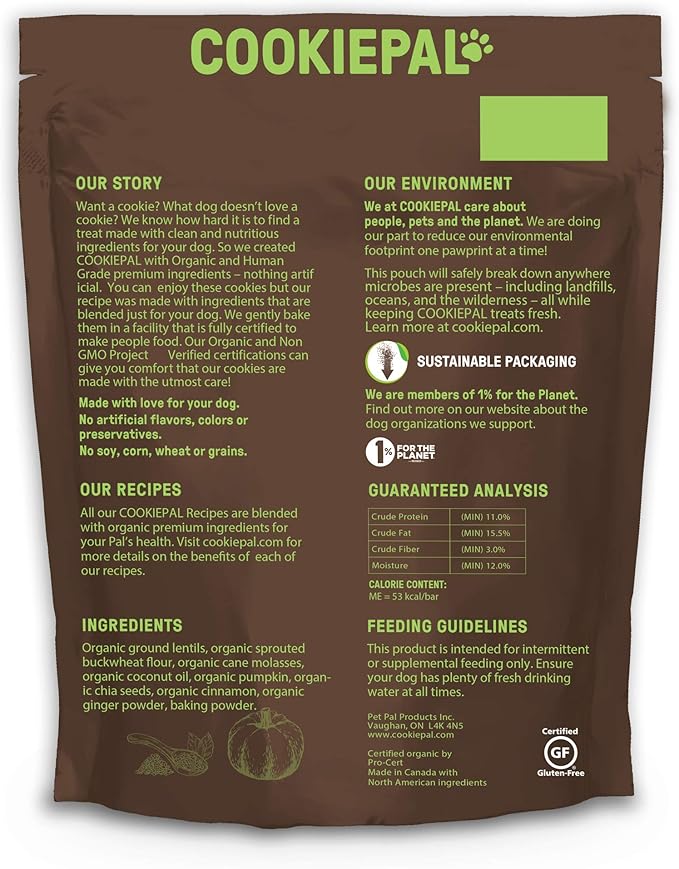 CookiePal Human Grade Dog Treats, Pumpkin and Chia Seed Recipe, Organic Non-GMO and Simple Ingredients, 10 Oz Bag