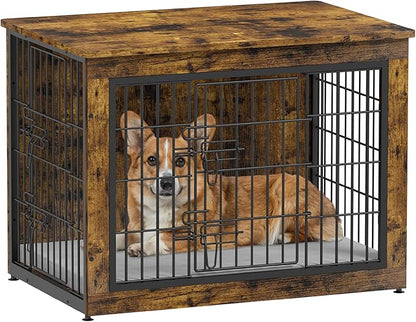 Piskyet Dog Crate Furniture with Cushion,Heavy-Duty Reinforced Metal Mesh,32" Wooden Dog Crate End Table with Double Doors,Indoor Dog Kennel,Dog Cage Side Table for Medium Breed,Rustic Brown