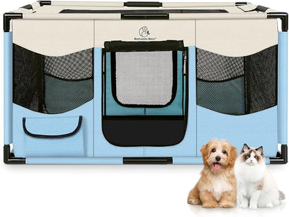 Dog Playpen, Sturdy Puppy Playpens, 39x24x22 Inches Portable Soft Cat Kennel Crate, Indoor & Outdoor Pet Pen with PVC Pipe Frame, Lightweight Cage for Small Animals with Carrying Bag (Blue L)