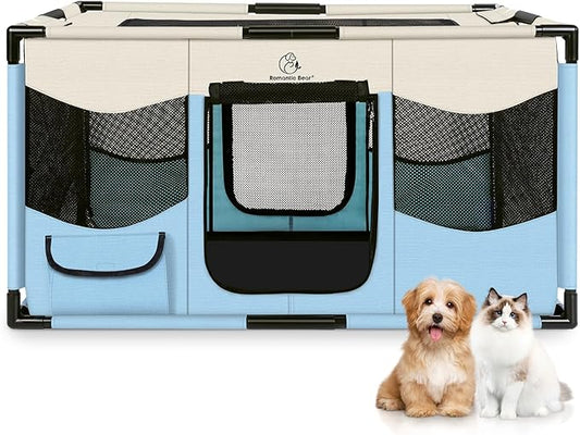 Dog Playpen, Sturdy Puppy Playpens, 39x24x22 Inches Portable Soft Cat Kennel Crate, Indoor & Outdoor Pet Pen with PVC Pipe Frame, Lightweight Cage for Small Animals with Carrying Bag (Blue L)