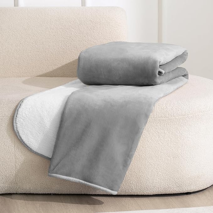 gogobunny Waterproof Bed Blanket, Reversible Sherpa Fleece Throw Blanket for Dog Puppy Cat, Furniture Cover Protects Bed Couch Sofa from Liquid Pee and Pet Fur (Grey, 50x60 inches)