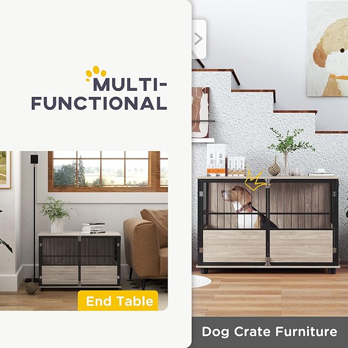 PawHut 39.5" Dog Crate Furniture End Table, Wooden Dog Kennel Indoor Pet House with 3 Doors, for Small to Large Dogs