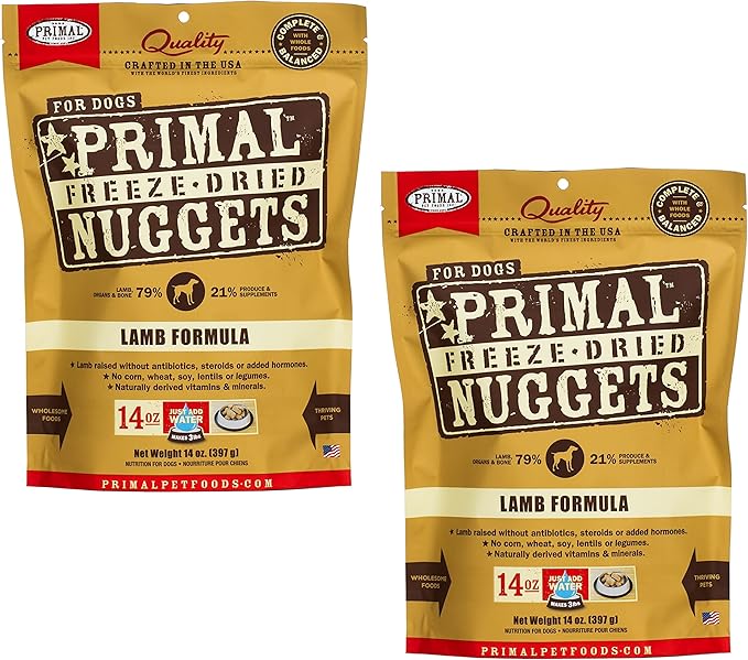 Primal Freeze Dried Raw Dog Food Nuggets, Lamb, Complete & Balanced Meal, Also Use as Topper or Treat, Premium, Healthy, Grain Free, High Protein Raw Dog Food, 14 oz (Pack of 2)