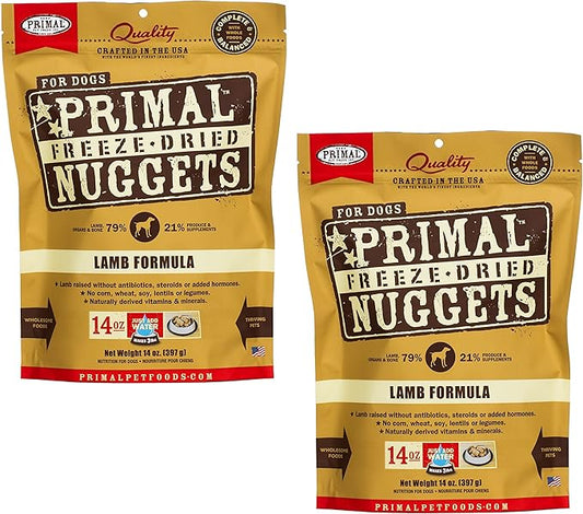 Primal Freeze Dried Raw Dog Food Nuggets, Lamb, Complete & Balanced Meal, Also Use as Topper or Treat, Premium, Healthy, Grain Free, High Protein Raw Dog Food, 14 oz (Pack of 2)