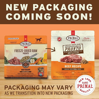 Primal Freeze Dried Dog Food Pronto, Beef; Scoop & Serve, Complete & Balanced Meal; Also Use as Topper or Treat; Premium, Healthy, Grain Free High Protein Raw Dog Food (7 oz)
