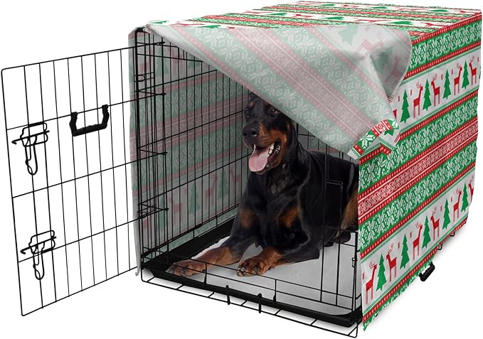 Ambesonne Christmas Dog Crate Cover, Knit Style Graphic Reindeer Star and Snowflake Holiday Family Theme, Easy to Use Pet Kennel Cover for Medium Large Dogs, 42 Inch, White Green