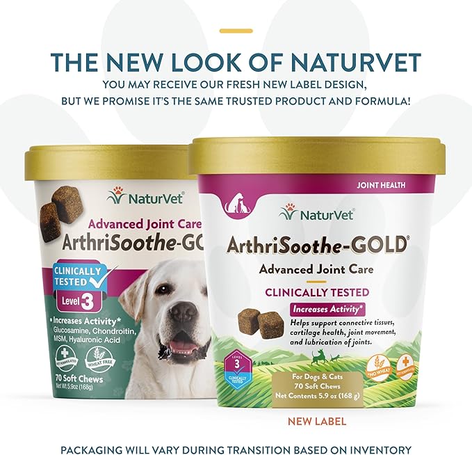NaturVet ArthriSoothe-Gold Level 3 Advanced Joint Care for Dogs  Soft Chew Dog Supplement with Glucosamine, MSM, Chondroitin & Hyaluronic Acid  Wheat-Free Pet Supplements  70 Ct.