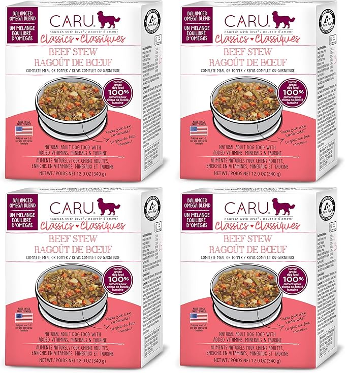 Caru - Classics Beef Stew for Dogs - Healthy Wet Dog Food or Food Topper - Balanced Omega Blend - 12.5 oz Cartons - Pack of 4