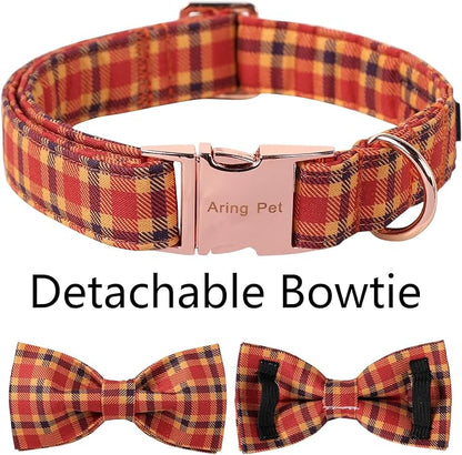 ARING PET Fall Dog Collar-Cotton Halloween Plaid Dog Collar with Bow, Adjustable Orange Autumn Bowtie Dog Collars Pet Necklace with Metal Buckle for Girl&Boy Dogs