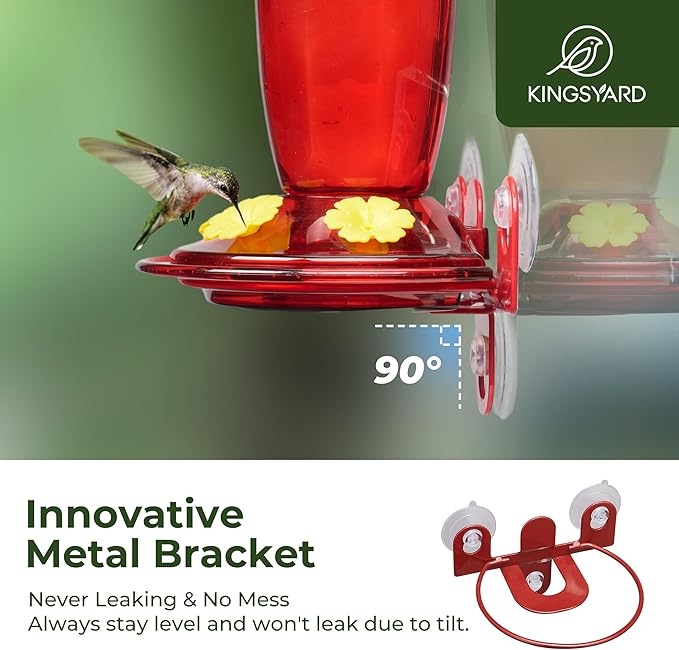 Kingsyard Window Hummingbird Feeder for Outside, 14 Oz Hummer Bird Nectar Feeder with 4 Feeding Ports & Circle Perch, Easy to Clean and Refill, Hummingbird Gifts (Red)