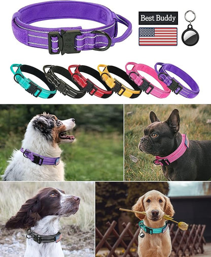 AUBELL Reflective Dog Collar, Tactical Dog Collar for Large Dogs, Heavy Duty Dog Collars with Control Handle and Metal Buckle for Medium Dogs, with Airtag Case and 2 Patches (Purple, L)