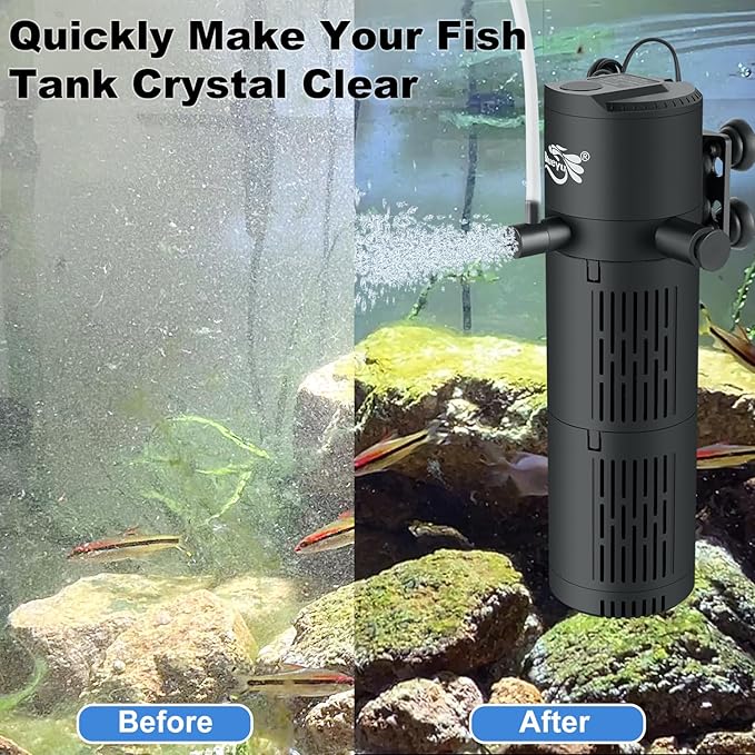 Aquarium Filter, Fish Tank Filter 4-in-1 for 15-40 Gallon Tanks, Submersible Internal Filter with Wave-Maker, Oxygenation & Adjustable Air Flow for Freshwater/Saltwater/Turtle Tanks (8W)