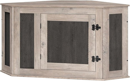 Corner Dog Crate Furniture, Wooden Dog Kennel End Table, Decorative Pet Crate Indoor Use, Furniture Style Dog House for Small Medium Dog, Dog Cage TV Stand, Greige and Black DCHG0801