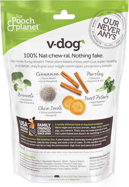 V-dog Dog Treats - Vegan Breathbone Teeth Cleaning Dental Dog Bones - Fresh Breath - 8 Ounces - All Natural - Made in USA - 6 Bones - 4" Long - Easy to Digest