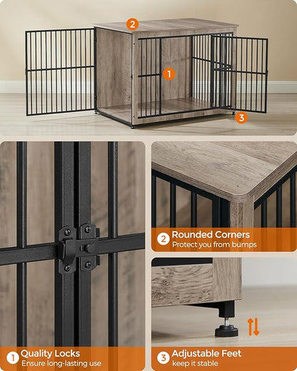 Feandrea Dog Crate Furniture, 43.3" Side End Table, Modern Kennel for Dogs Indoor up to 80 lb, Heavy-Duty Dog Cage with Enclosed Base, Double-Door Dog House, Greige UPFC024G01