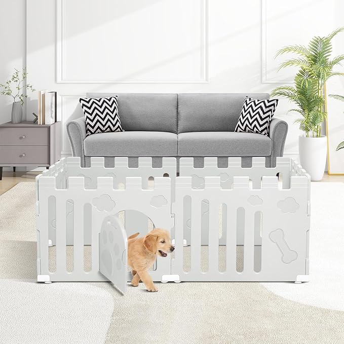 Dog Playpen with Door, 6-Panel 24" Indoor Cat Puppy Playpen, Strong Plastic Small Pet Safety Fence Dog Pen, Non-Slip and Secure Pet Gate, White