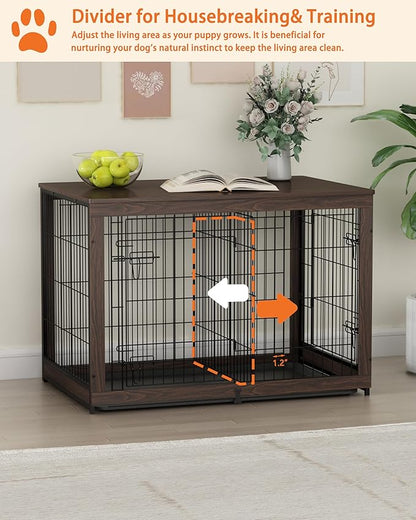 Piskyet Wooden Dog Crate Furniture with Divider Panel, Dog Crate End Table with Fixable Slide Tray, Double Doors Dog Kennel Indoor for Dogs(XL:43.2" L * 28.6" W * 30.3" H,Brown Walnut)