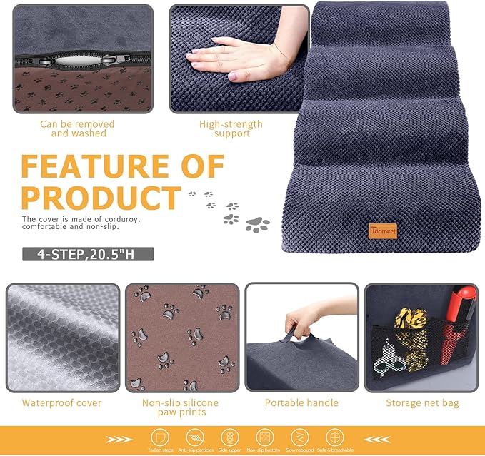 Topmart High Density Foam Dog Steps 4 Tiers,Extra Wide Deep Pet Steps,Non-Slip Pet Stairs,Dog Ramp for Bed,Soft Foam Dog Ladder,Best for Older Dogs Injured,Older Pets,Cats with Joint Pain