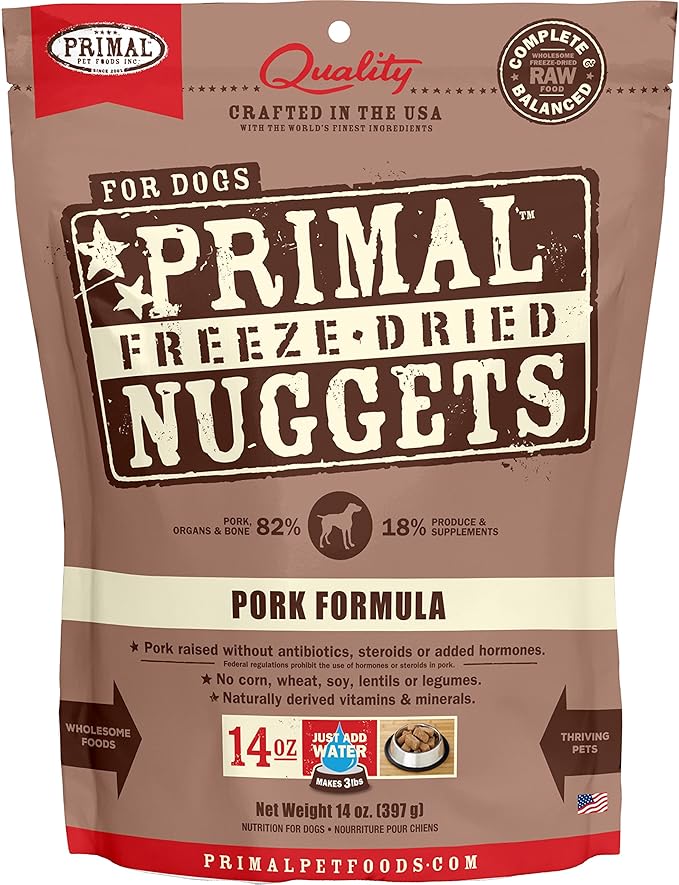 Primal Freeze Dried Raw Dog Food Nuggets, Pork, Complete & Balanced Meal, Also Use as Topper or Treat, Premium, Healthy, Grain Free, High Protein Raw Dog Food, 14 oz