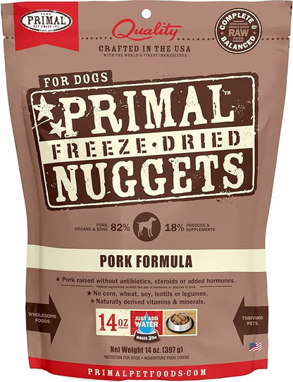 Primal Freeze Dried Raw Dog Food Nuggets, Pork, Complete & Balanced Meal, Also Use as Topper or Treat, Premium, Healthy, Grain Free, High Protein Raw Dog Food, 14 oz