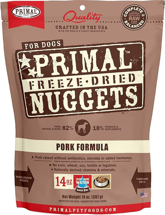 Primal Freeze Dried Raw Dog Food Nuggets, Pork, Complete & Balanced Meal, Also Use as Topper or Treat, Premium, Healthy, Grain Free, High Protein Raw Dog Food, 14 oz