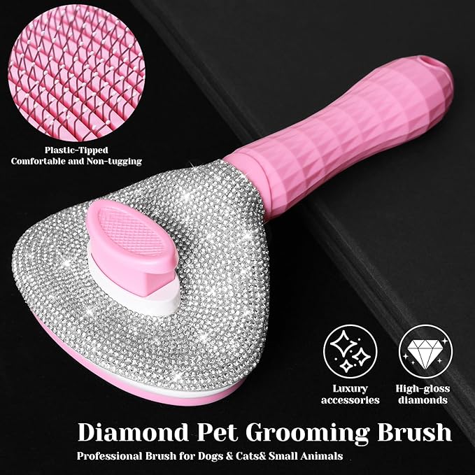 Full Diamonds Self Cleaning Slicker Brush for Dogs & Cats, Skin Friendly Grooming Cat Brush, Dog Brush for Shedding, Deshedding Brush, Rhinstone Hair Brush Puppy Brush for Haired Dogs,Pink