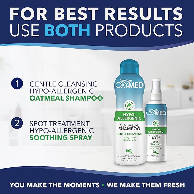 TropiClean OxyMed Hypoallergenic Dog Shampoo for Allergies and Itching, Skin Soothing Shampoo for Pets with Sensitive Skin, Tearless, Cat Safe, 20oz.