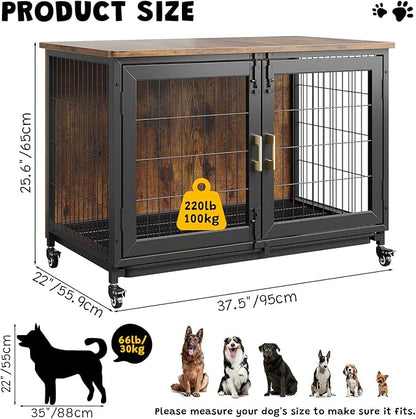 37.4 Inch Large Dog Crate Furniture, Heavy Duty Dog Kennel Furniture with Wheels, Grid Base, Removable Base, Decorative Dog Cage Crate Table, Indoor Dog House for Entryway, Living Room