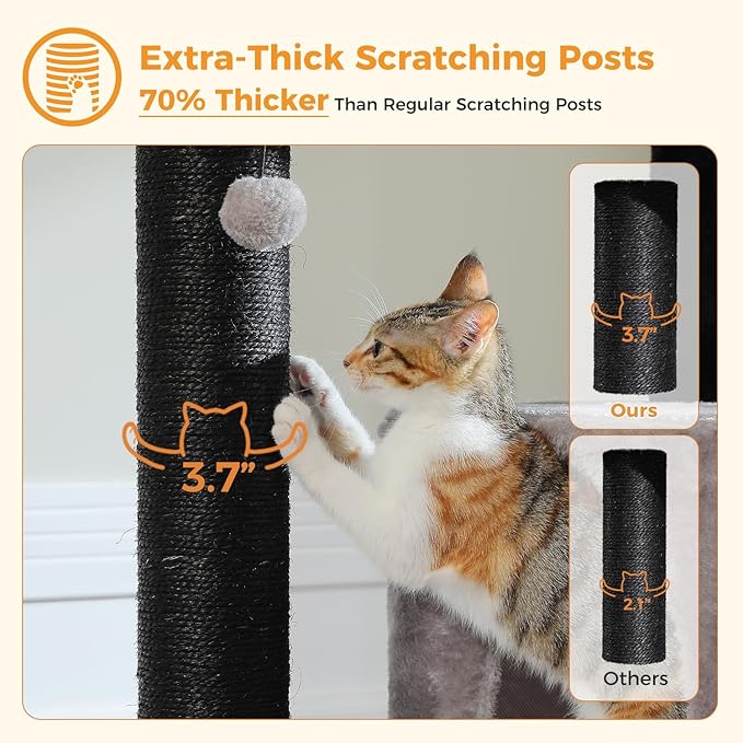 Large Cat Tree with Reinforced Scratching Posts (φ3.7in) for Big Adult Cats 30 lbs, 57.8" Heavy Duty Cat Tower with Larger Hammock and Condo, Cat Furniture for Maine Coon, Plush,Black