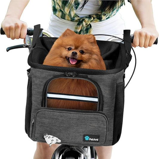 PetAmi Dog Bike Basket, Soft-Sided Ventilated Dog Bike Carrier Backpack, Dog Pet Bicycle Basket for Bike Handlebar, Small Medium Puppy Cat Kitten Car Booster Seat with Safety Strap