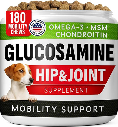 Glucosamine Treats for Dogs - Hip & Joint Supplement w/Omega-3 Fish Oil - Chondroitin, MSM - Advanced Mobility Chews - Joint Pain Relief - Hip & Joint Care - Bacon Flavor - 180 Ct - Made in USA