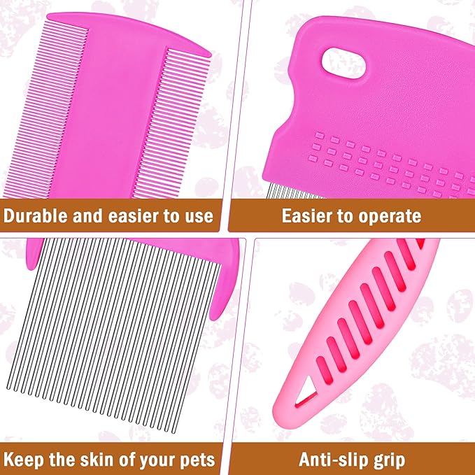 Cunhill 5 Pieces Dog Flea Combs for Grooming Lice Tick Comb for Small Dogs Puppies Stainless Steel Teeth Tear Stain Remover 2-in-1 with Round Teeth to Remove Knots Crust Mucus
