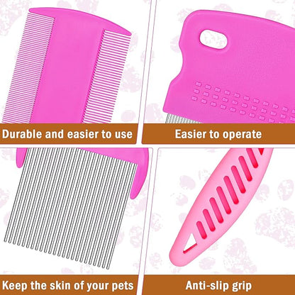 Cunhill 5 Pieces Dog Flea Combs for Grooming Lice Tick Comb for Small Dogs Puppies Stainless Steel Teeth Tear Stain Remover 2-in-1 with Round Teeth to Remove Knots Crust Mucus