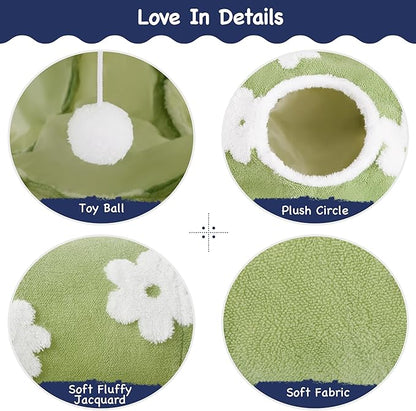 Tempcore Flannel Pet Cat Tunnel Tube Cat Toys 3 Way Collapsible, Cat Tunnels for Indoor Cats，Kitty Tunnel Bored Pet Toys Peek Hole Toy Ball Puppy, Kitty, Kitten, Rabbit Daisy Green