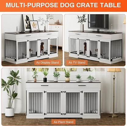 Rophefx 72" Dog Crate Furniture for 2 Dogs, Large Dog Kennel Furniture with 2 Storage Drawer and Removable Divider, Wooden Dog Cage with 4 Bowls, Indoor Dog House TV Stand for Medium Dog, White