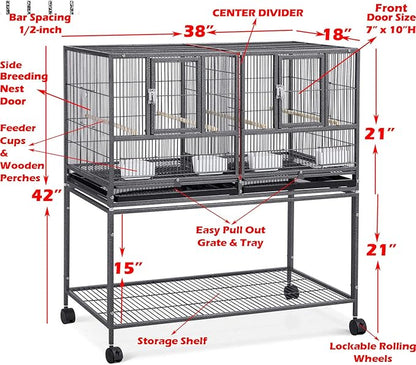 42" Stackable Center Divided Breeder Breeding Bird Flight Double Rolling Cage for Aviaries Canaries Cockatiels Lovebirds Finches Budgies Small Parrots