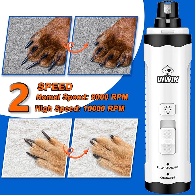 VIWIK Dog Nail Grinder with Dog Nail Trimmers, Dog Nail Clippers Kit for Large Medium Small Dogs & Cats, Quiet Electric 2-Speed USB Rechargeable Pet Nail Grinder with Light, Gifts for Dog Lovers