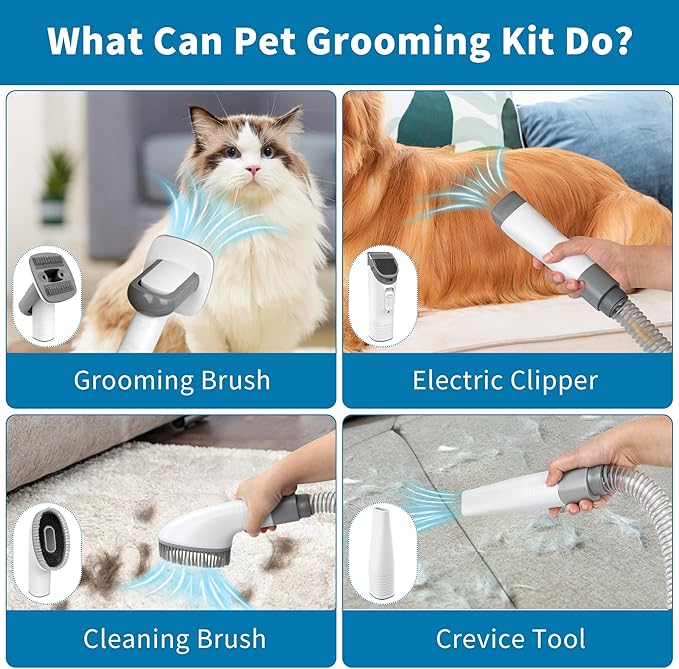 Dog Grooming Kit, Pet Grooming Vacuum with Electric Clipper & 4 Combs, Pet Hair Grooming Shedding Brush, Cleaning and Crevice Tool with 1.5 L Dust Cup Dog Hair Vacuum Home Clean