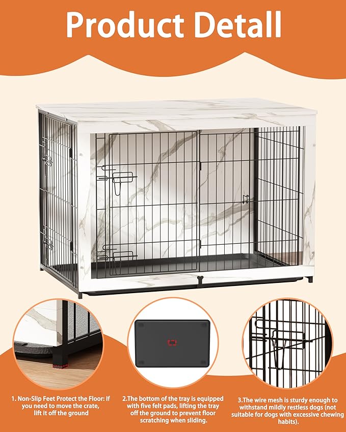 Megidok Wooden Dog Crate Furniture with Cushion, Dog Crate End Table with Tray, Double Doors Dog Crate(*L:43.1" L*28.6" W*30.3" H, Marble White)